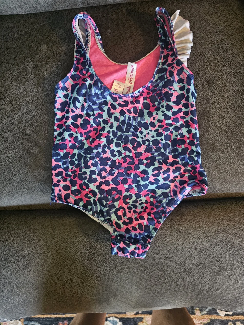 Pink Platinum Kids One-Piece Swimsuit in Pink, Blue, Teal Leopard Print